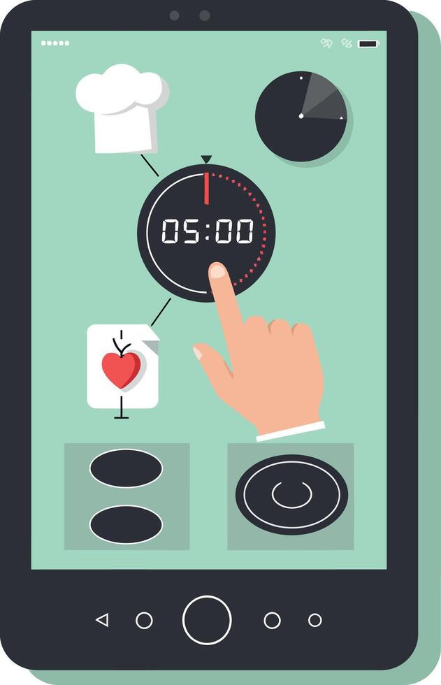 Smartphone cooking timer app interface with hand icon and food symbols flat minimal illustration vector