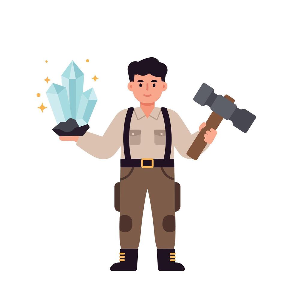 Miner holding large crystals and sledgehammer in flat illustration vector