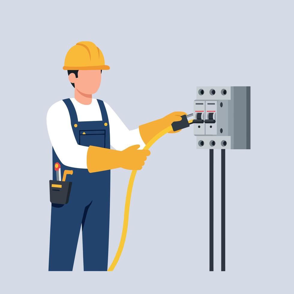 Electrician working with electrical panel and wires in protective gear illustration vector