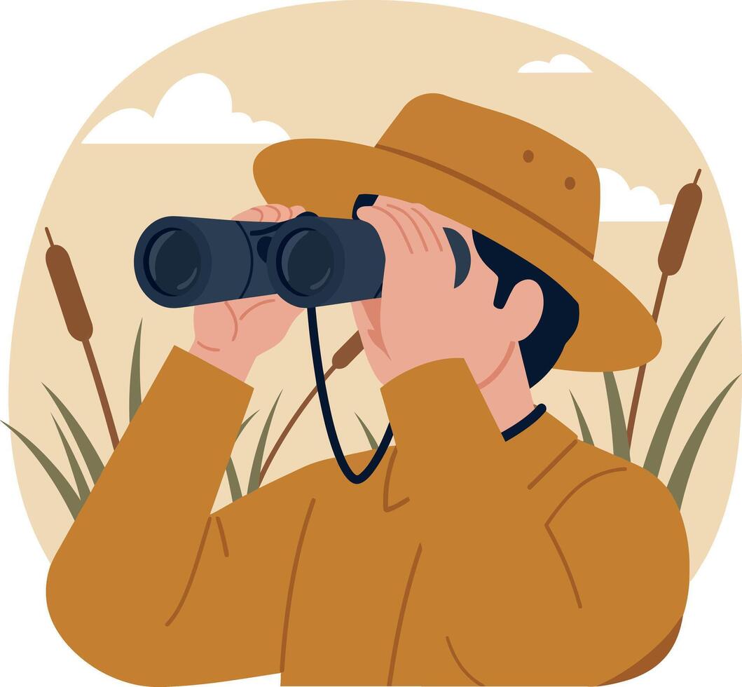Wildlife enthusiast looking through binoculars in nature with cattails and cloudy sky background vector