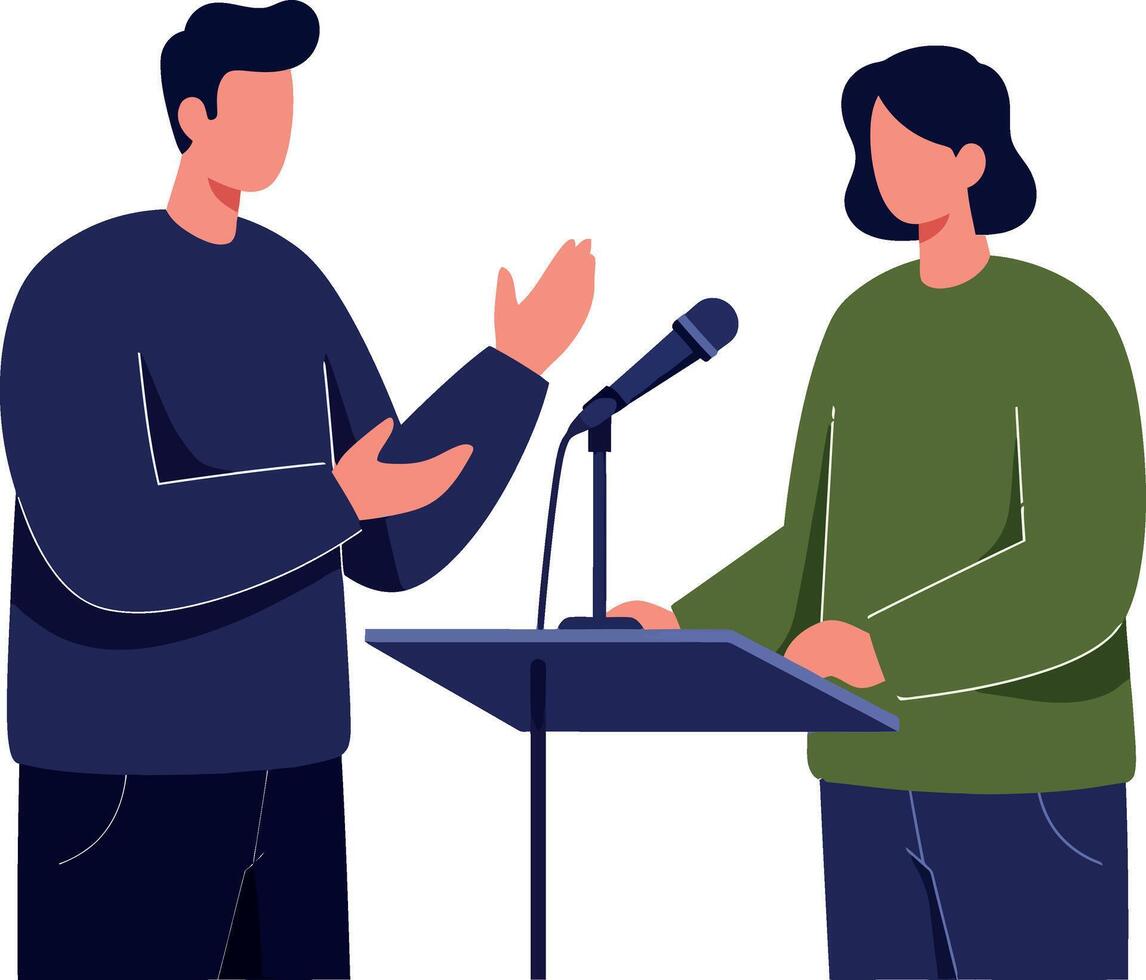 Two people debating at podium in minimal flat style illustration with microphone and conversational gesture vector