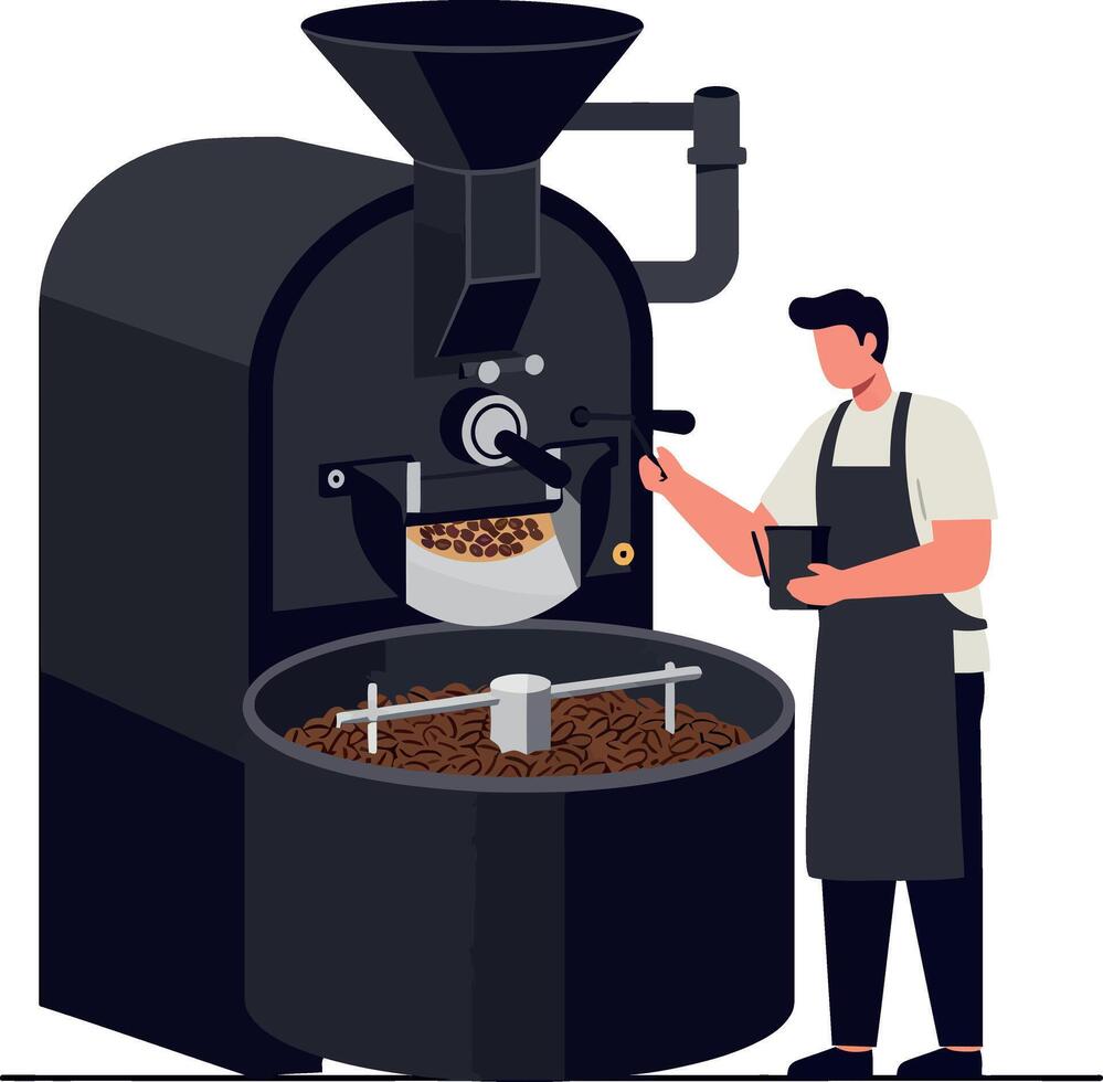 Coffee roaster machine with man roasting fresh coffee beans illustration vector