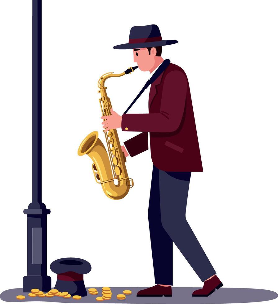 Street musician playing saxophone with hat on ground for coins illustration vector