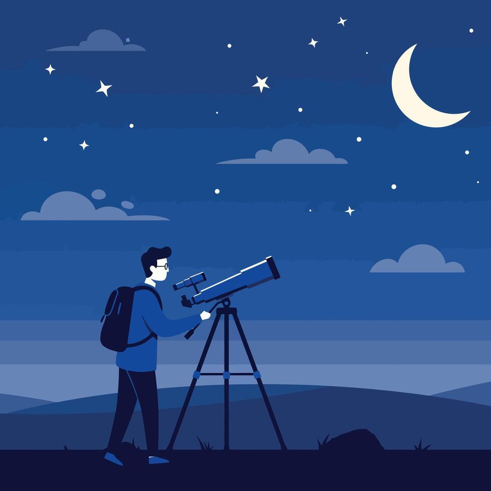Young man using telescope at night under crescent moon and stars in flat illustration vector