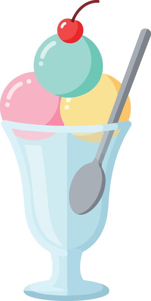 Ice cream sundae with three colorful scoops and cherry topping in transparent glass minimal illustration vector