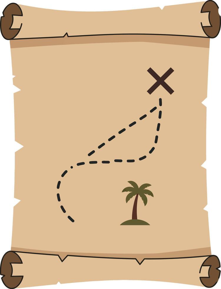 Old treasure map with palm tree and marked path in simple flat design illustration vector