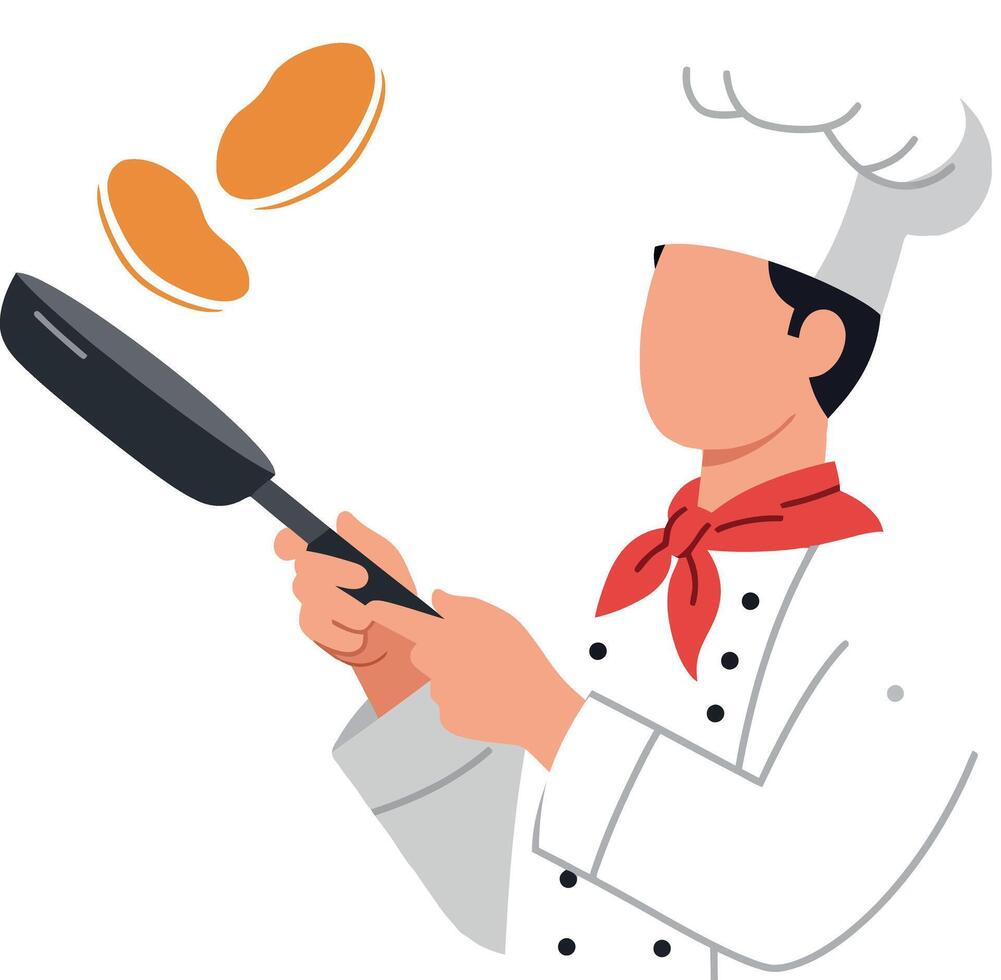Chef Cooking Pancakes Flipping Food Illustration with White Uniform and Red Scarf vector