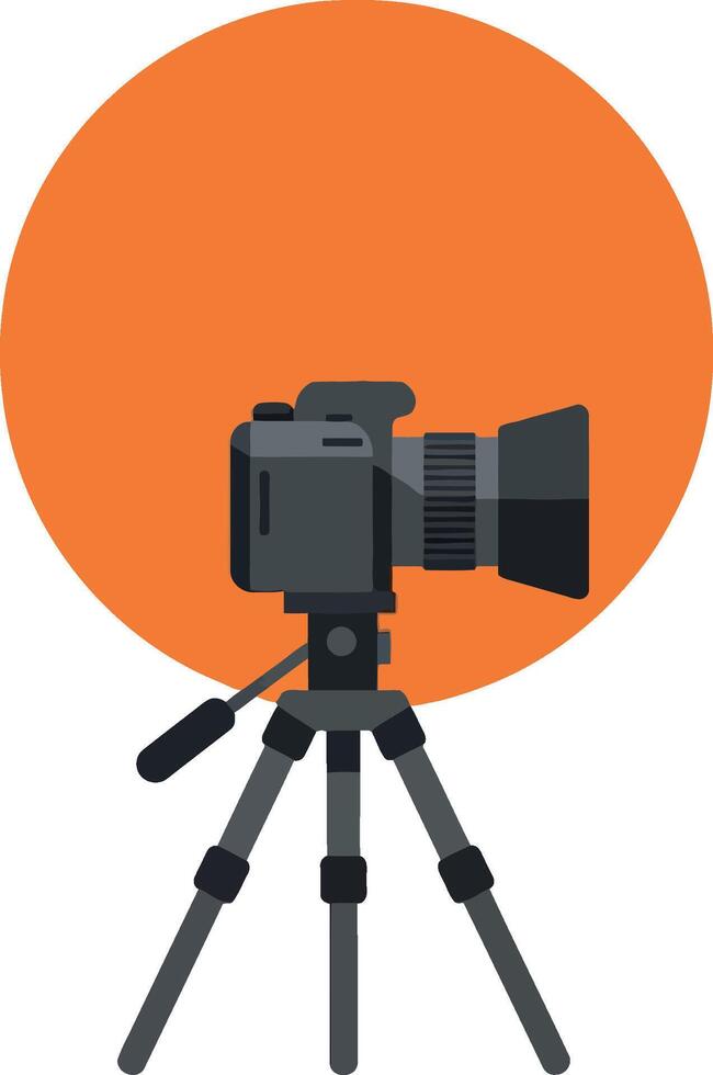 Professional camera on tripod with orange circle background digital illustration vector