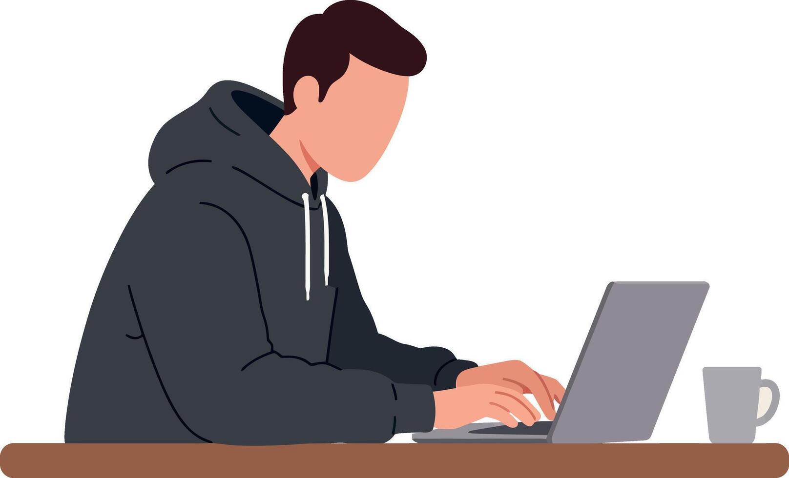 Young man in dark hoodie typing on laptop with coffee cup flat minimal illustration vector