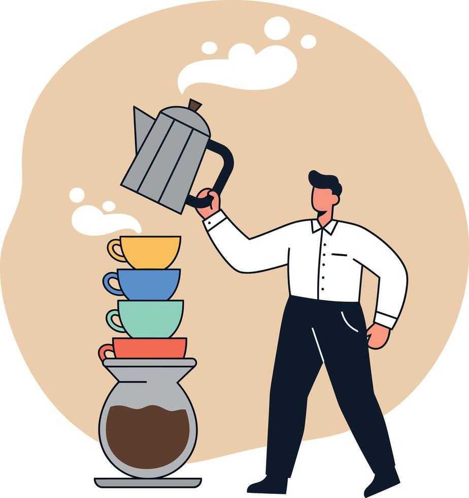 Man pouring coffee into stacked cups with coffee pot and glass pot illustration vector