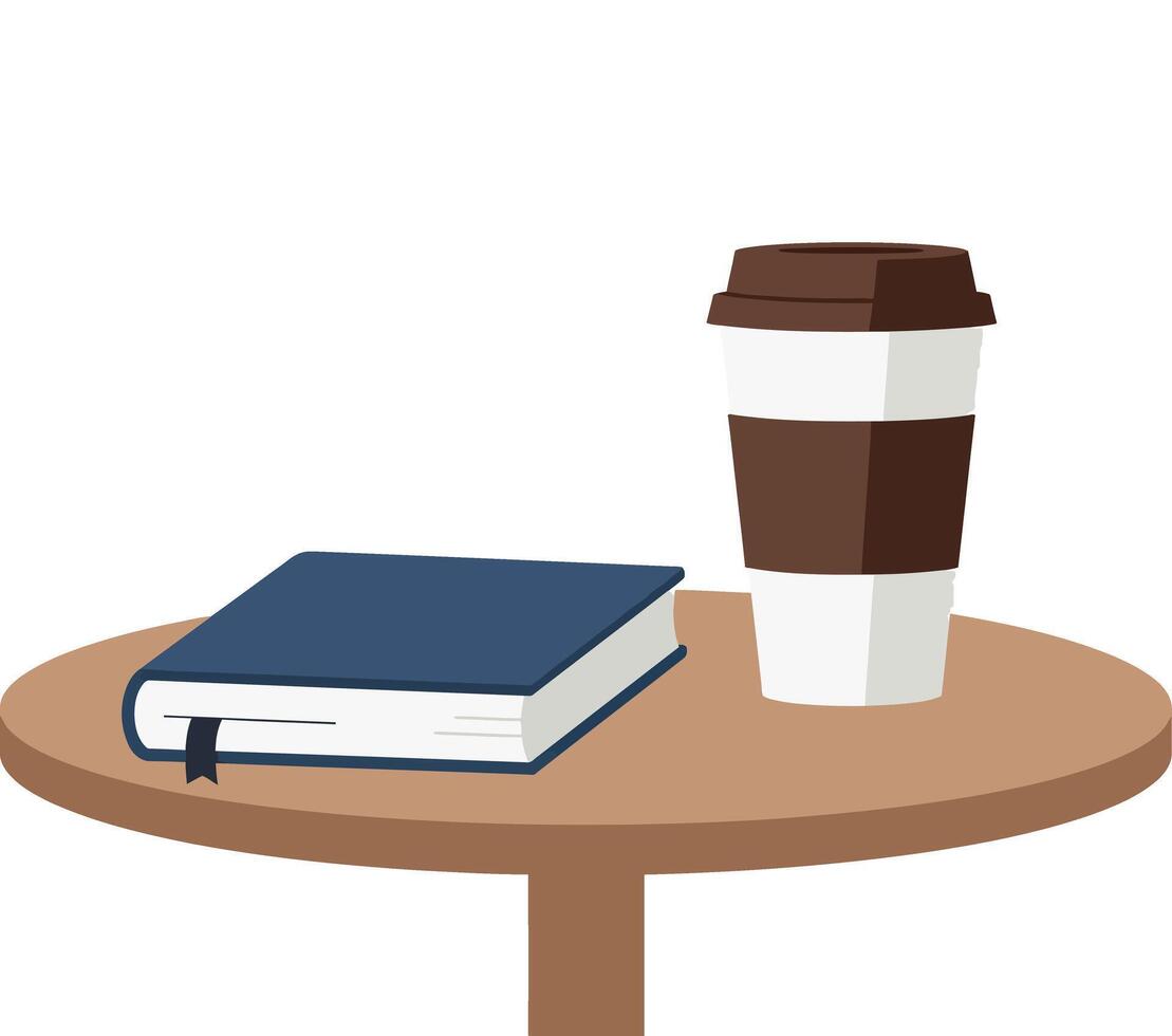 Coffee cup and closed book on round wooden table flat design minimal illustration vector