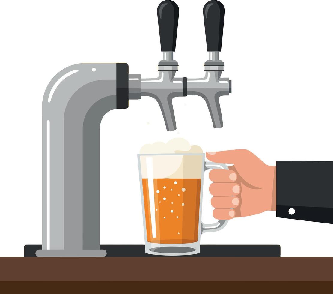 Beer tap pouring amber beer into glass mug with foam illustration vector