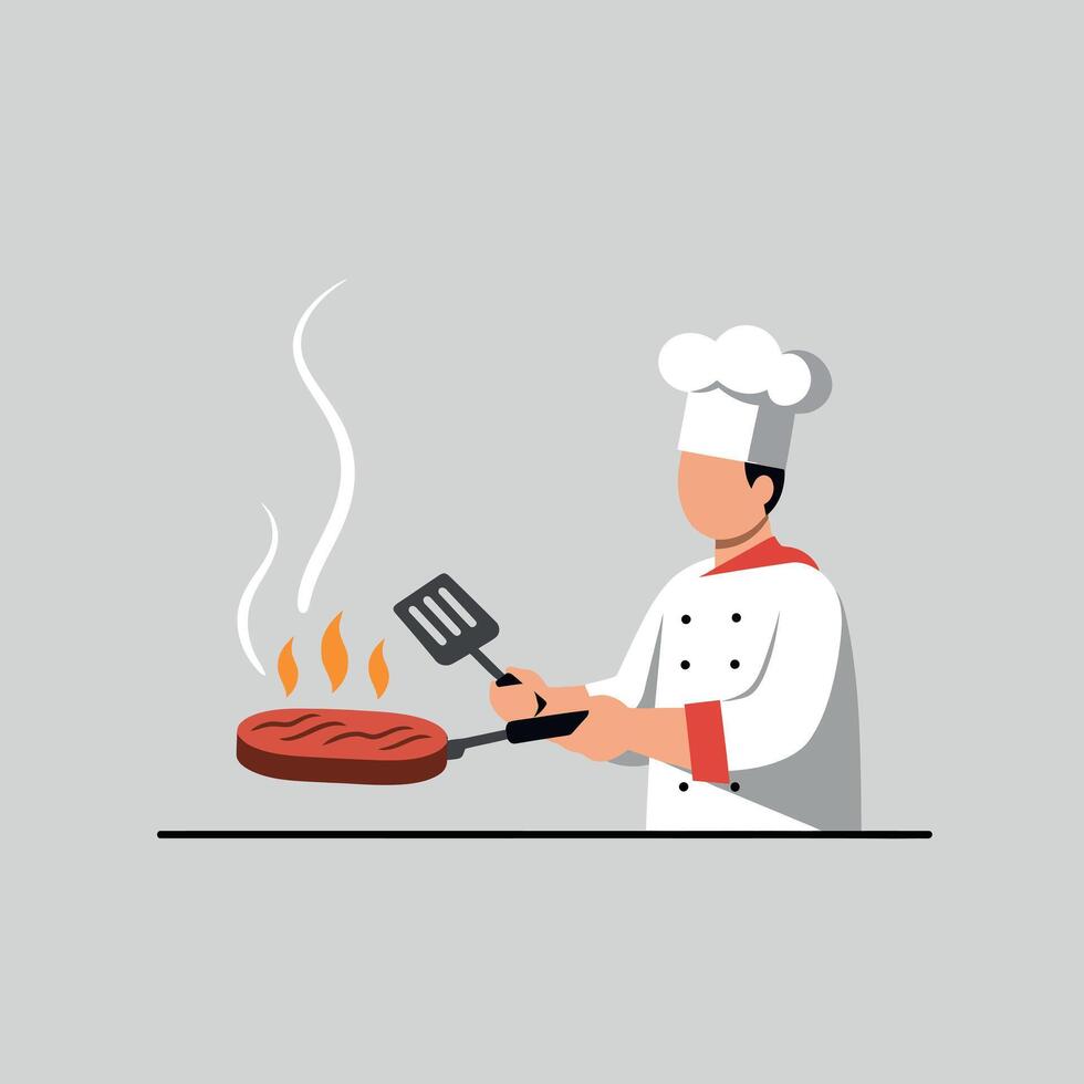 Chef cooking steak on pan with spatula illustration in minimal style vector