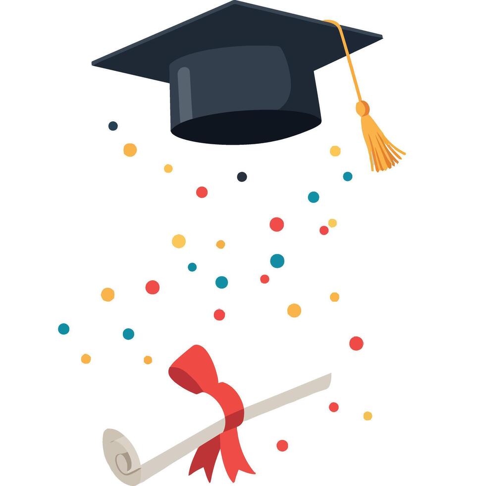 Graduation cap with diploma scroll and colorful confetti in flat minimal style illustration vector