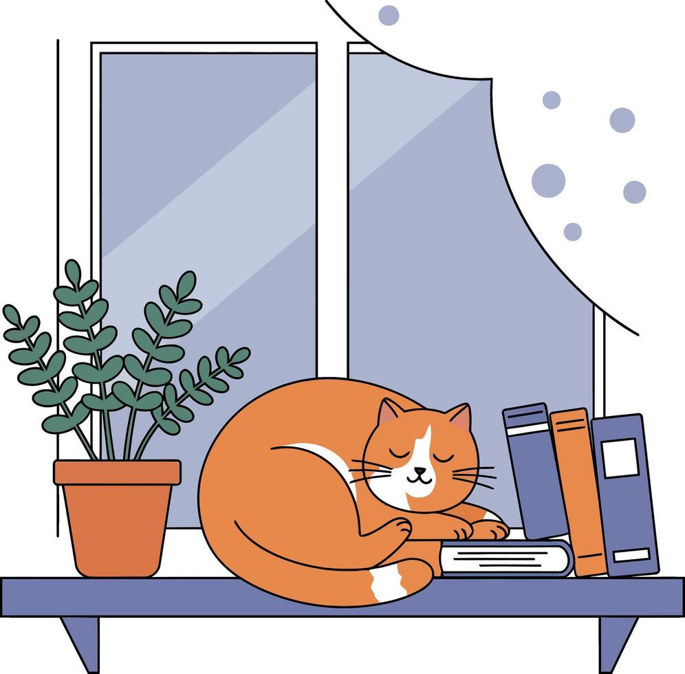Orange cat sleeping curled on books near potted plant on windowsill minimal illustration vector
