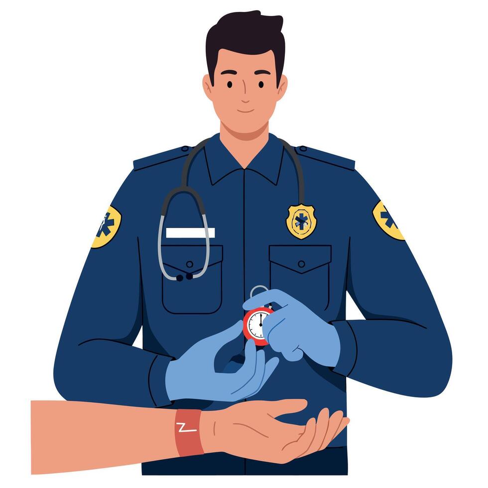Emergency medical technician checking pulse with stopwatch illustration in blue uniform vector