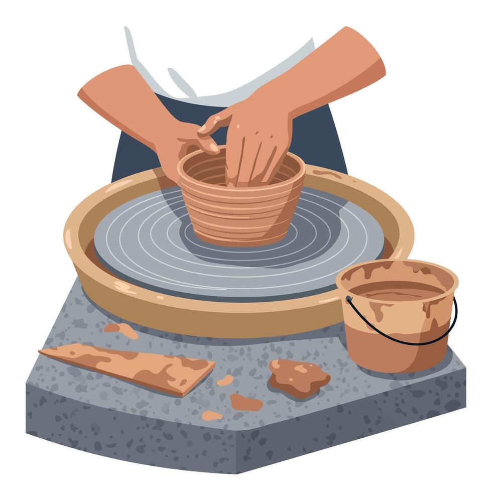 Hands shaping pottery on wheel with clay bucket and tools illustration vector