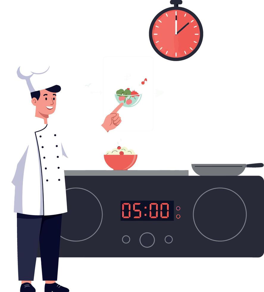 Chef in white uniform adding fresh ingredients to bowl near stove with timer in flat illustration vector