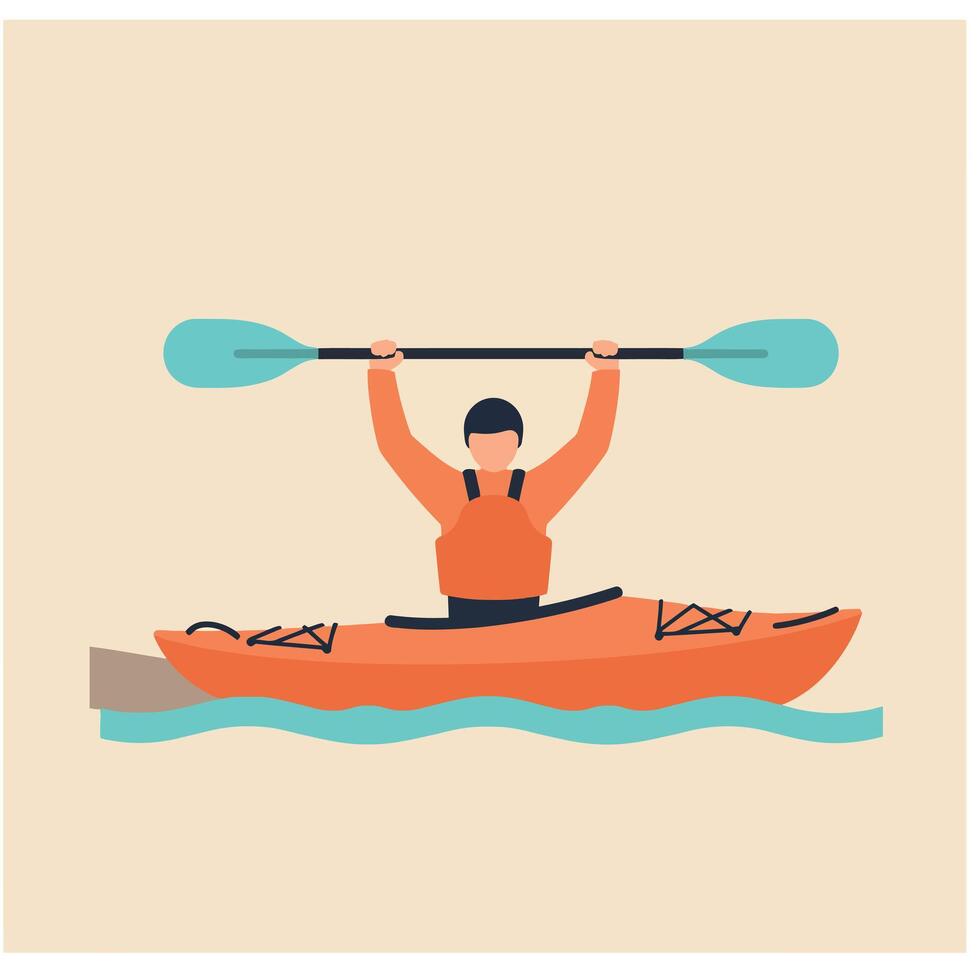 Kayaker Holding Paddle Above Head in Orange Kayak on Water Illustration vector