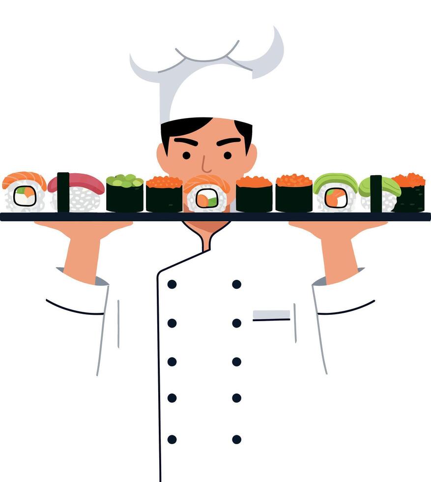 Sushi chef holding sushi platter with various sushi pieces in uniform illustration vector