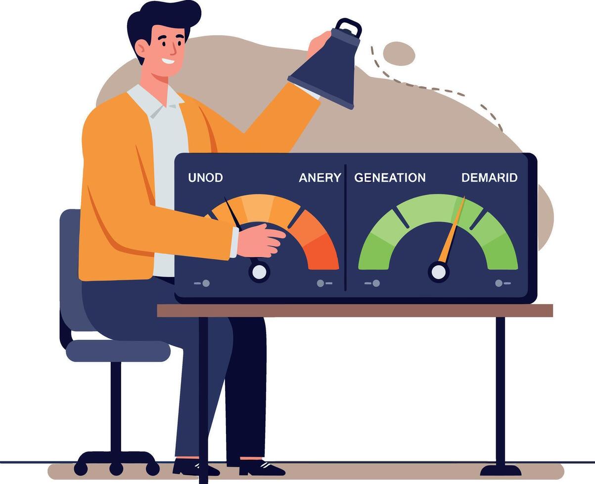 Man adjusting control panel with colorful gauges in flat design illustration vector