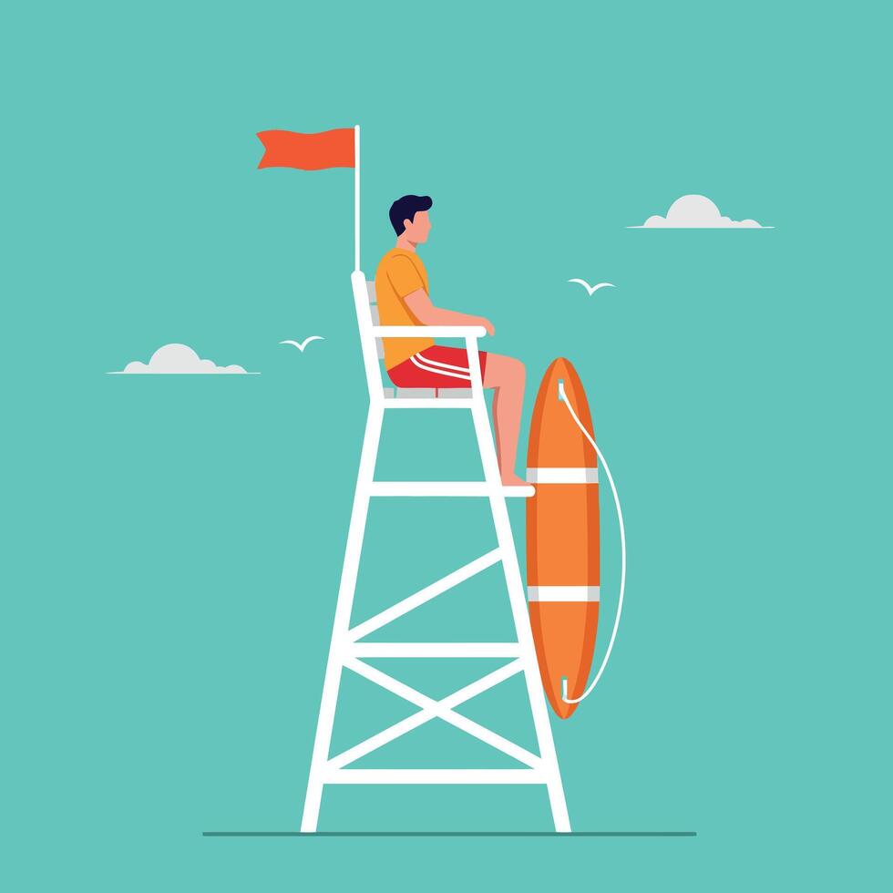 Lifeguard man sitting on white tower wearing orange shirt and red shorts with lifebuoy flat illustration vector