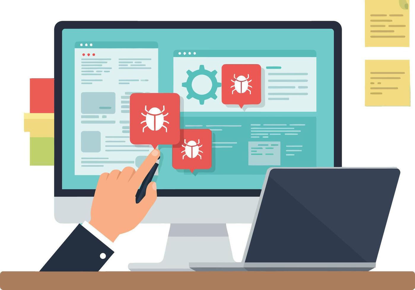 Computer screen showing software bugs with hand pointing at icons in office workspace illustration vector