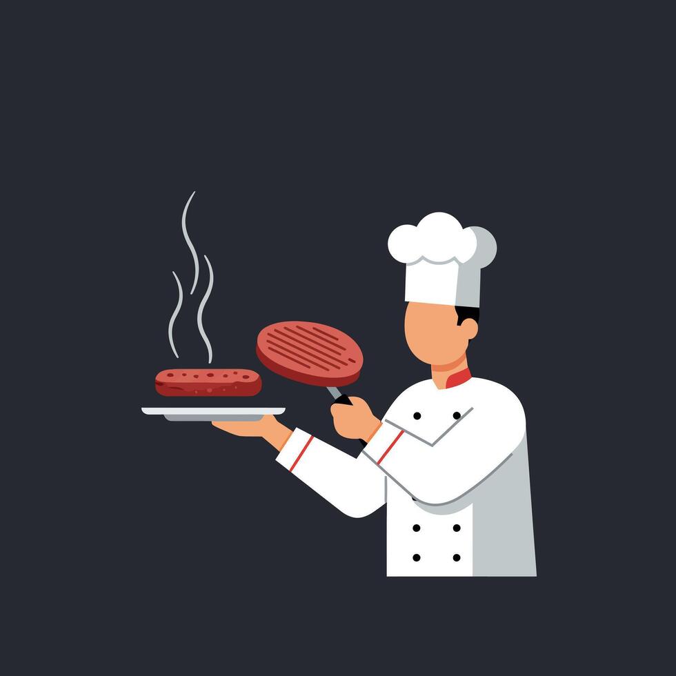 Chef Cooking Steak with Plate and Pan in Flat Illustration on Dark Background vector