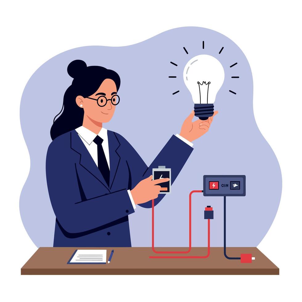 Woman conducting electrical experiment with light bulb and battery illustration educational concept vector