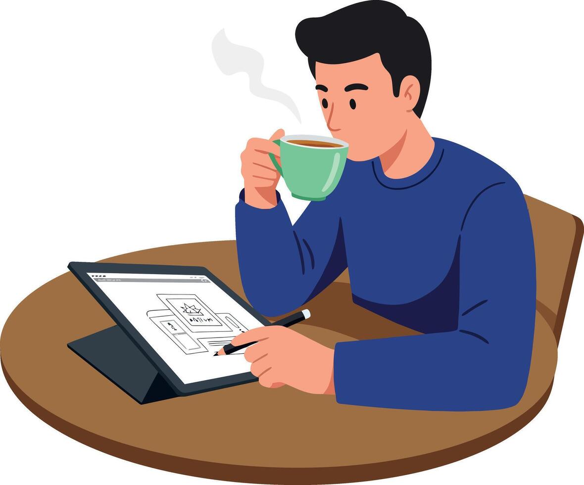 Young man drinking hot beverage while working on tablet digital drawing flat style illustration vector