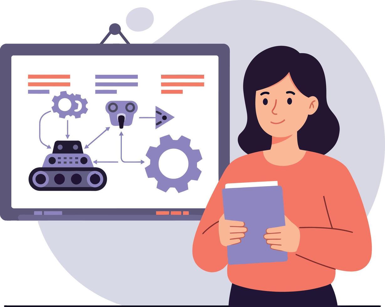 Young woman explaining robotics concepts with gear icons on board flat educational illustration vector