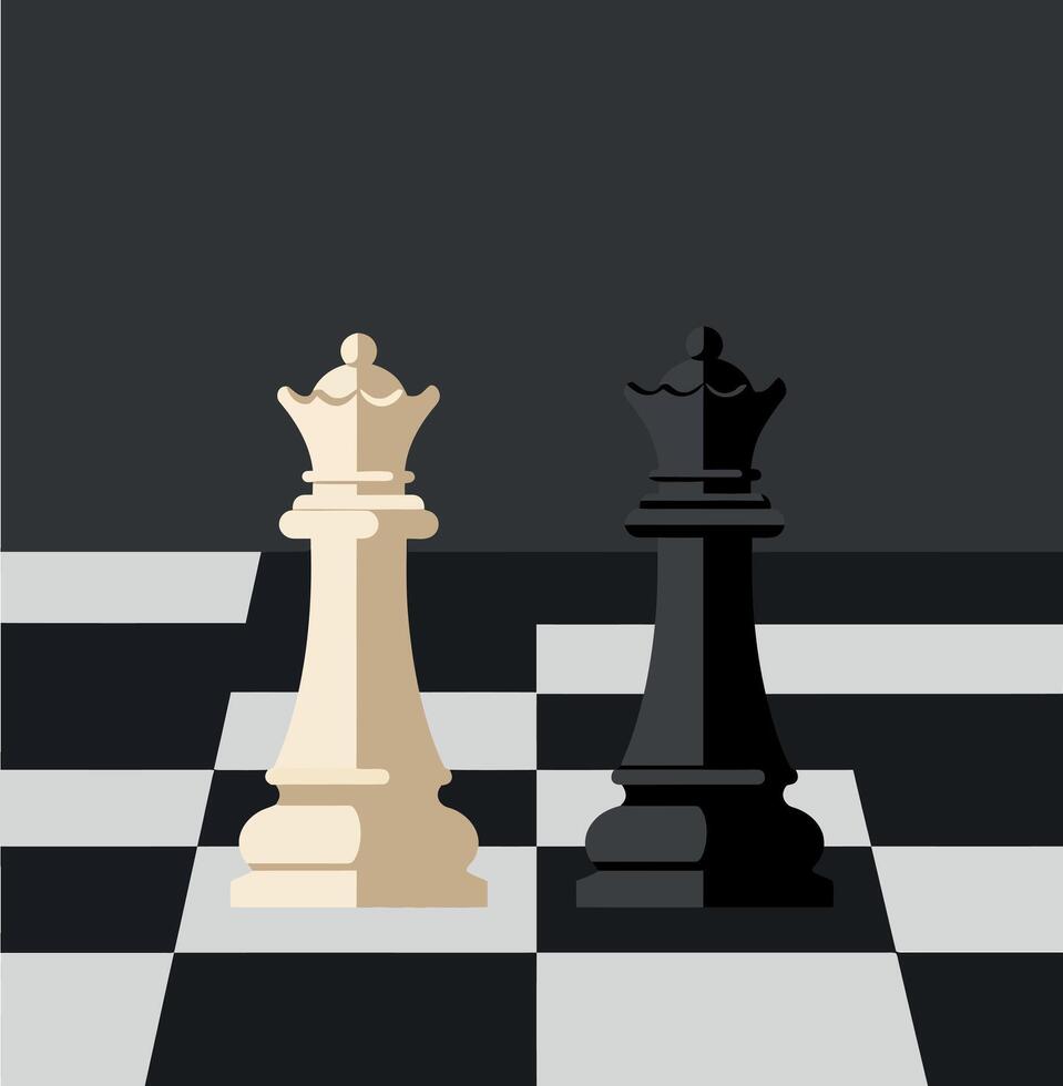 White and black chess queens facing each other on checkered board flat minimal illustration vector