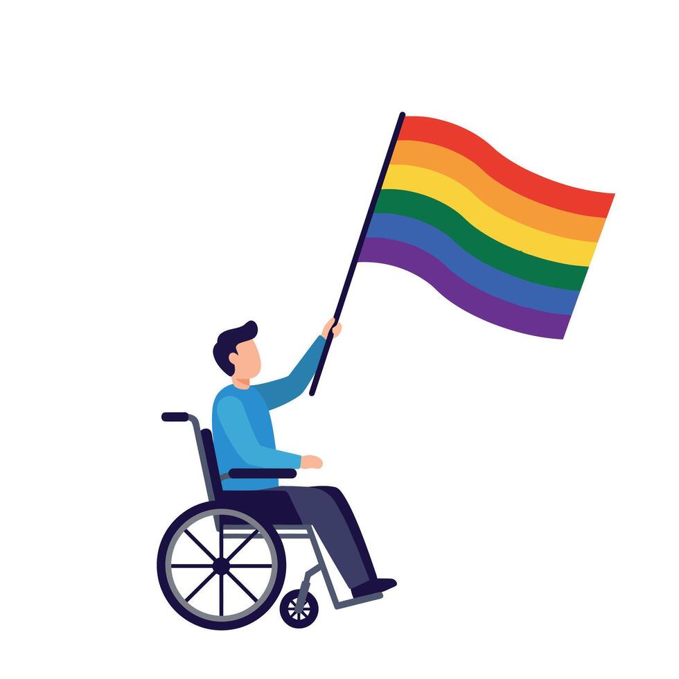 Person in wheelchair holding rainbow pride flag illustration with disability inclusion and diversity support vector
