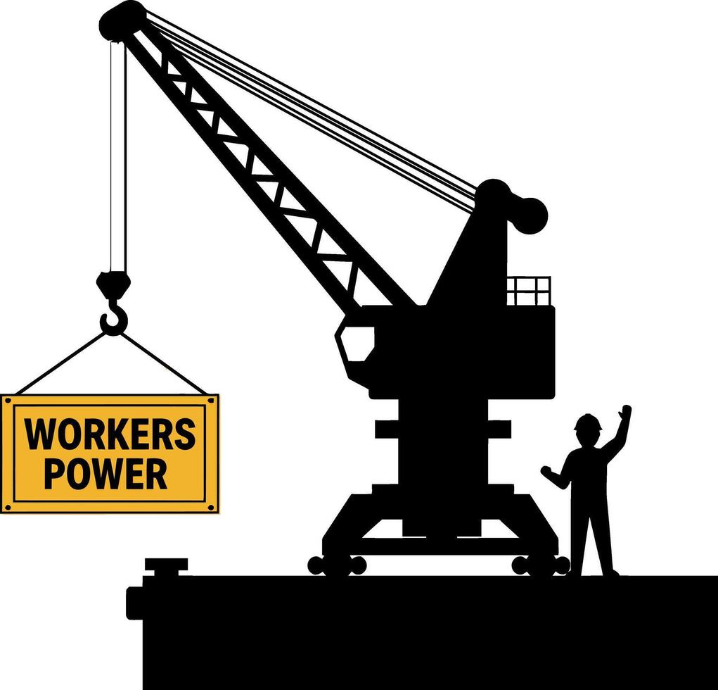 Industrial crane lifting workers power sign with silhouette worker illustration vector