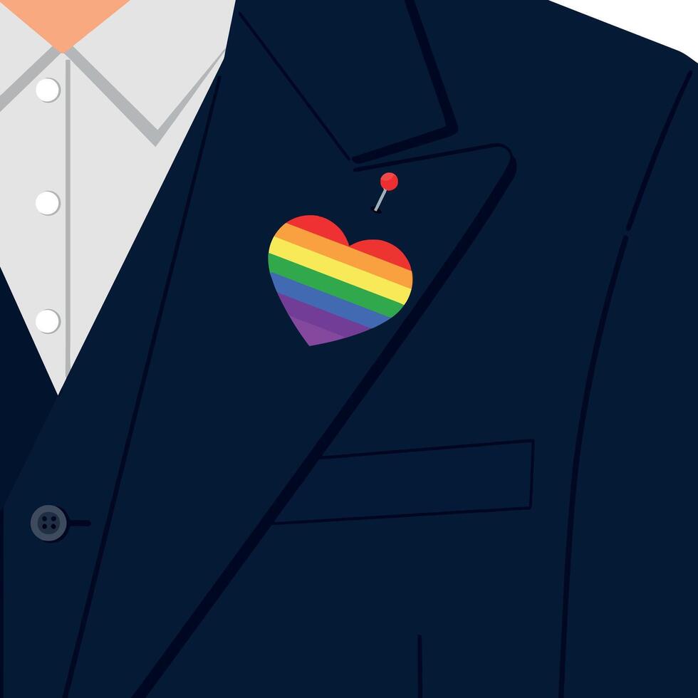 Rainbow heart pin on dark blue suit jacket lapel LGBTQ pride symbol accessory illustration vector