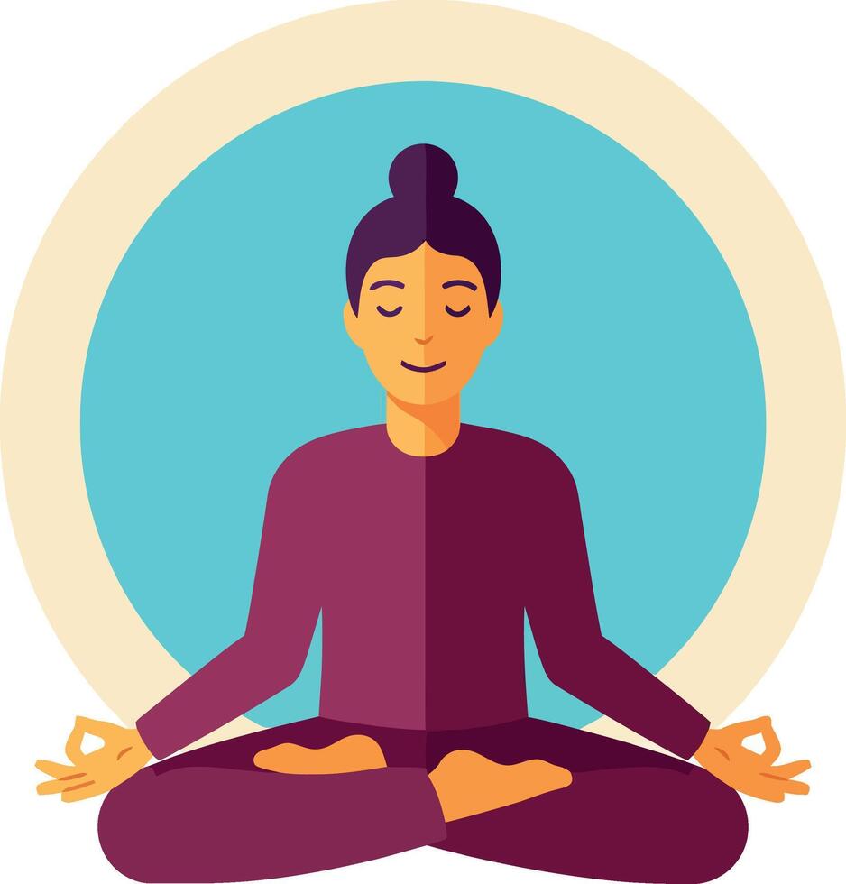Woman Meditating in Purple Clothes in Lotus Pose with Blue Halo Circle Illustration vector