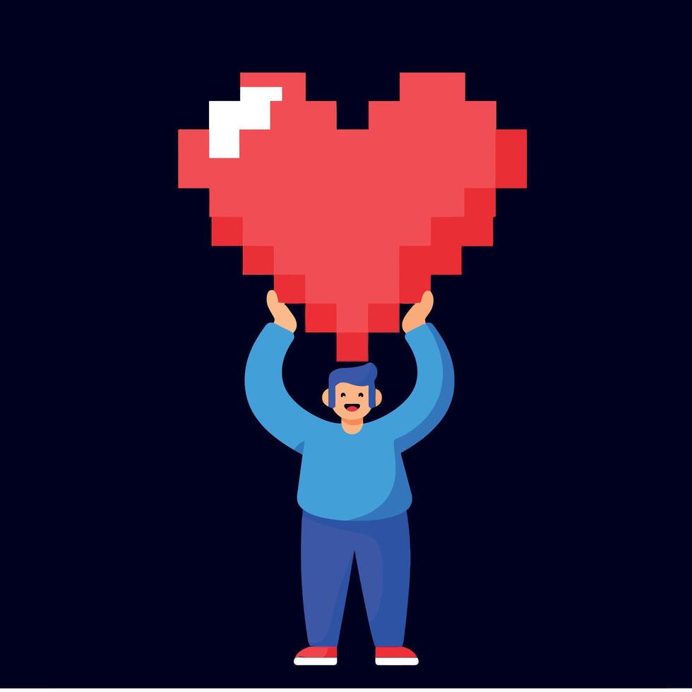 Pixel Art Person Holding Large Red Heart Symbol Against Dark Background Illustration vector