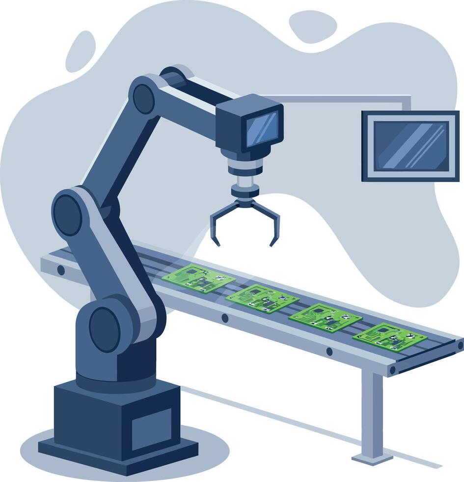 Industrial robotic arm assembling green circuit boards on conveyor belt in flat illustration vector