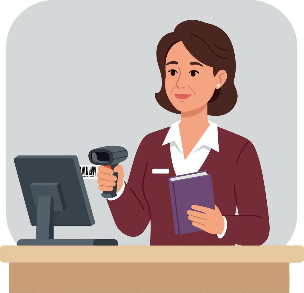 Female librarian scanning book barcode with scanner at counter minimal flat illustration vector