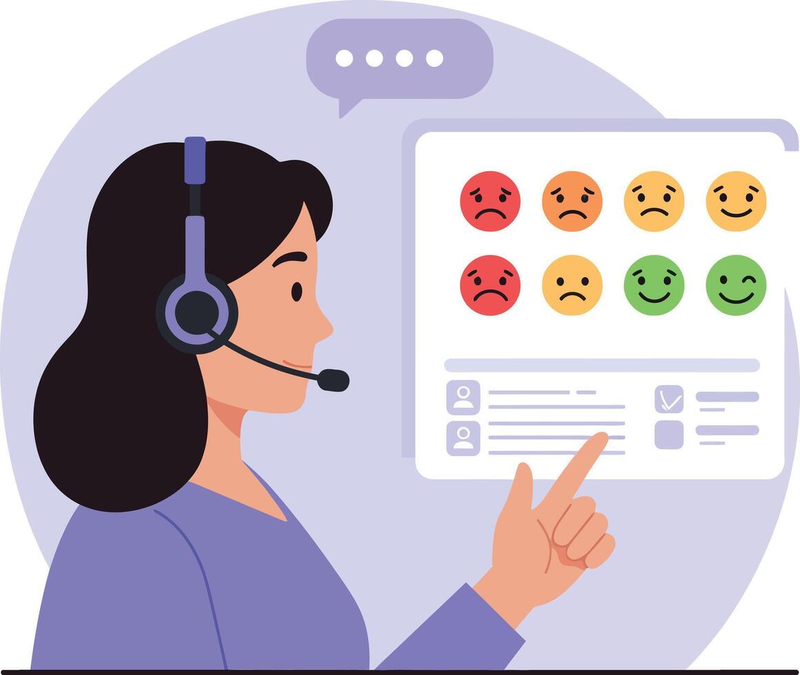Female customer support agent with headset selecting feedback emoticons flat design illustration vector