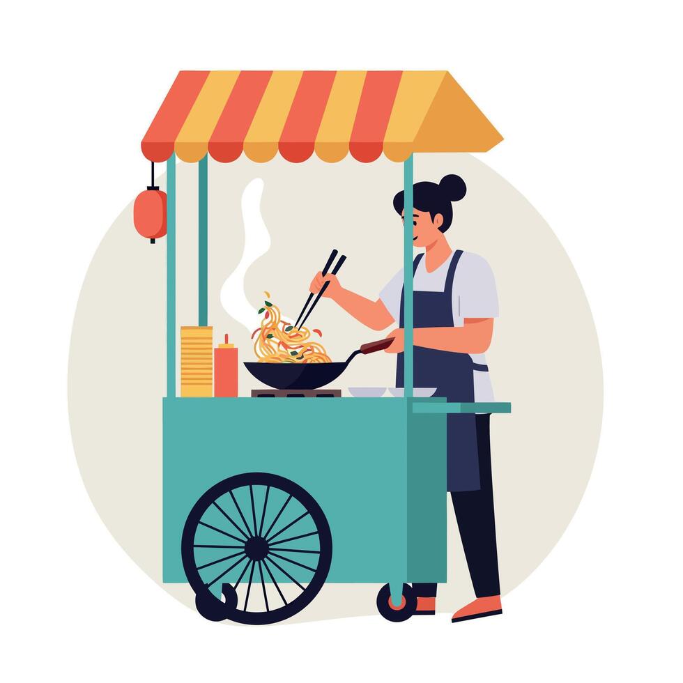 Street food vendor cooking noodles at mobile food cart with colorful canopy illustration vector