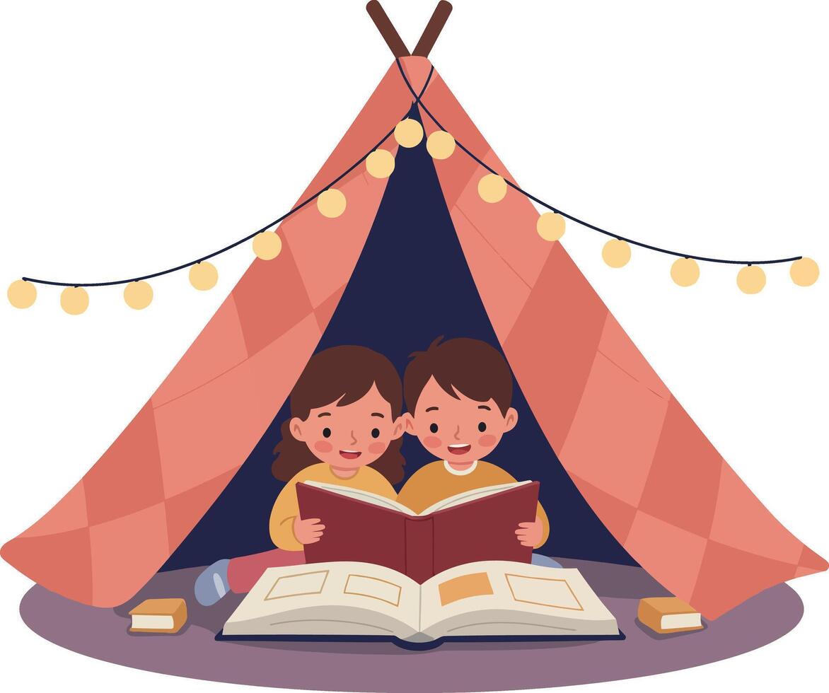 Two children reading books inside cozy tent with hanging lights flat design illustration vector