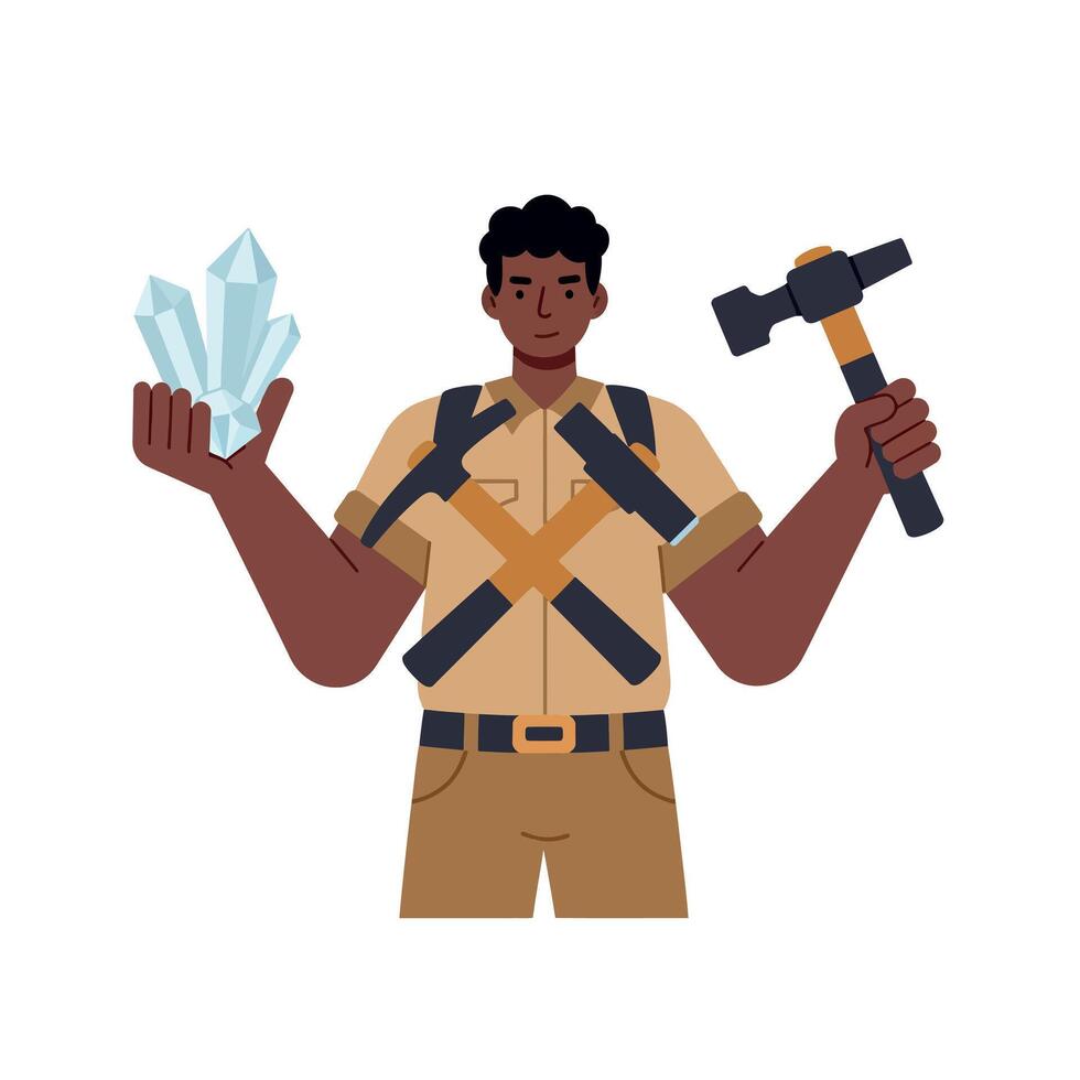 Miner holding crystals and hammer in mining outfit illustration vector