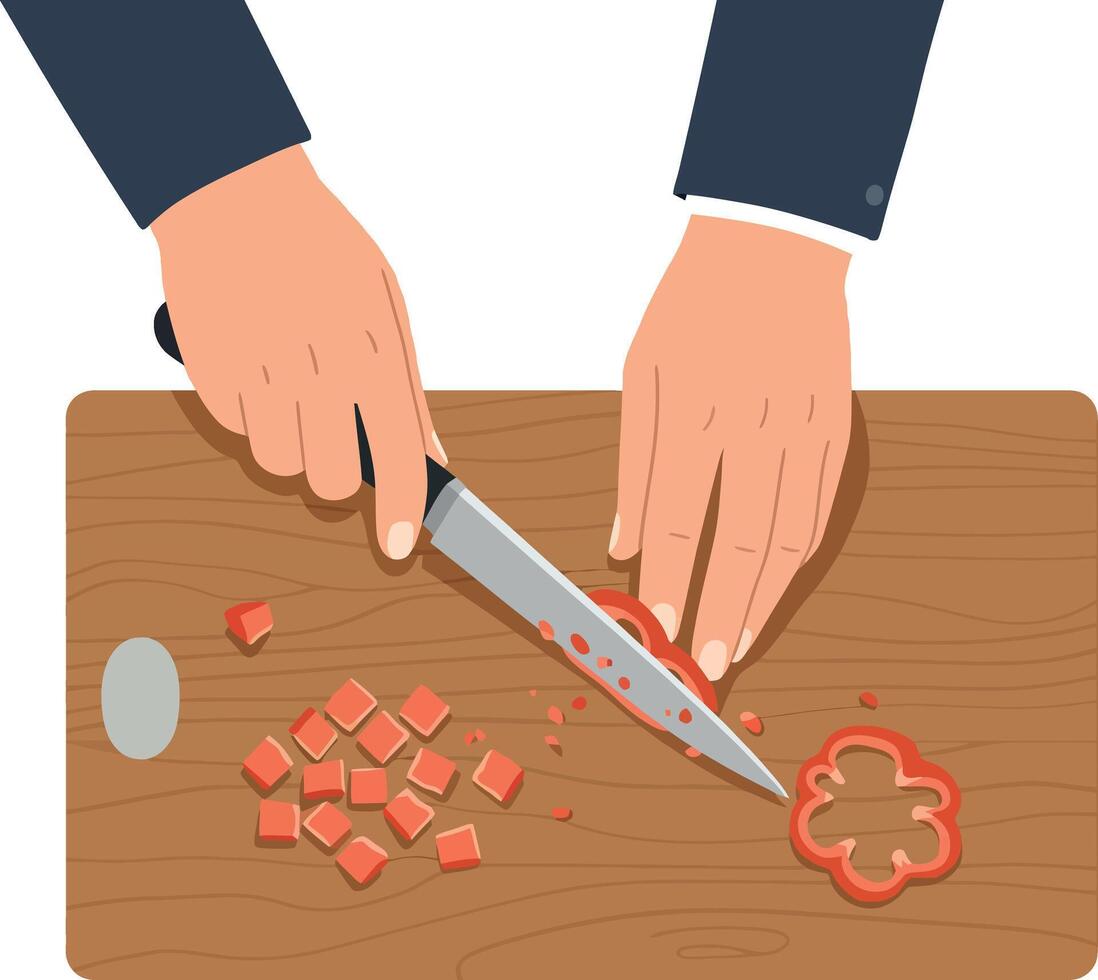Hands chopping red bell pepper with kitchen knife on wooden board illustration vector