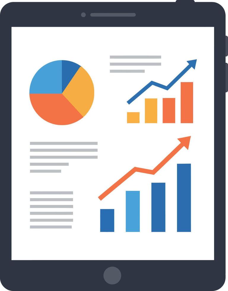 Digital tablet displaying colorful business charts and graphs in flat design style illustration vector