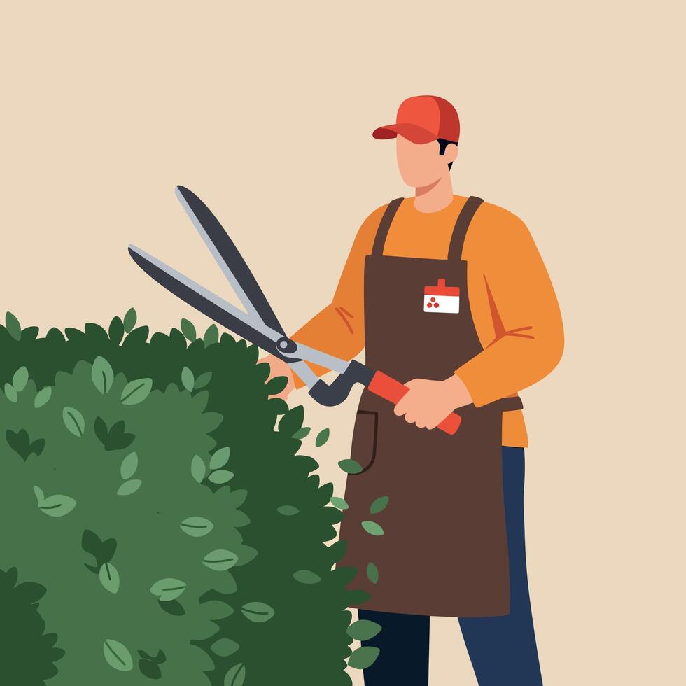 Gardener trimming green bush with hedge shears in apron and cap illustration vector