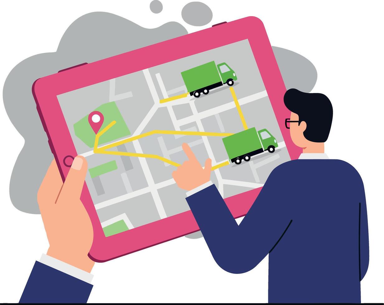 Man using digital tablet with delivery trucks tracking on map flat design illustration vector