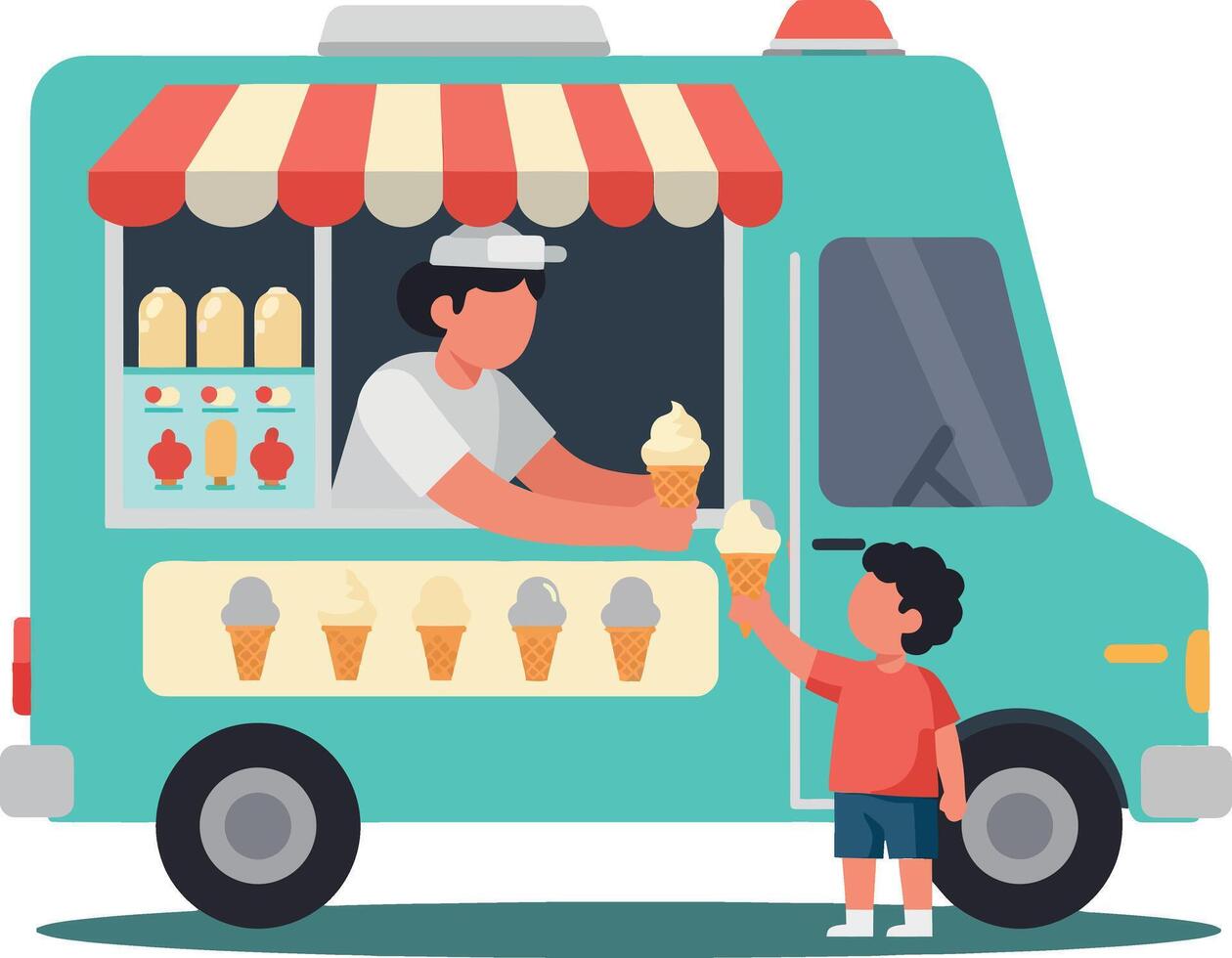 Ice Cream Truck Vendor Serving Child Ice Cream Cone in Summer Illustration vector