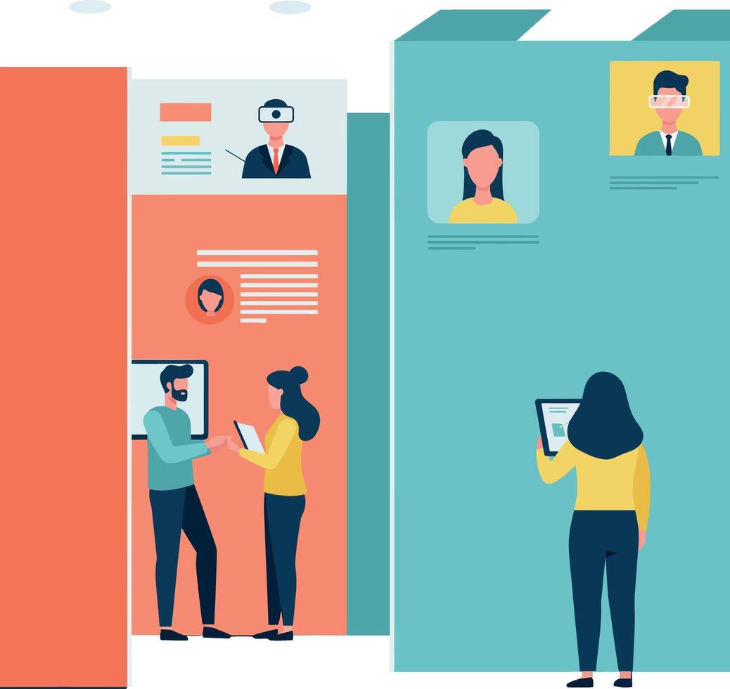 People interacting with digital profiles in flat minimalist style workspace illustration vector