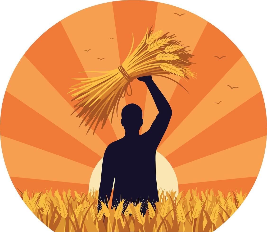 Farmer harvesting wheat crop with golden sunburst background illustration vector